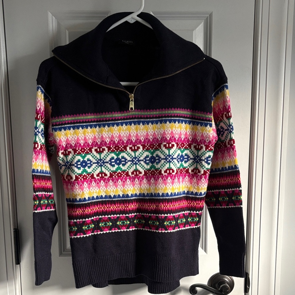 Talbots Navy Blue Pink White Yellow Green Red Fair Isle Zip Sweater XSP